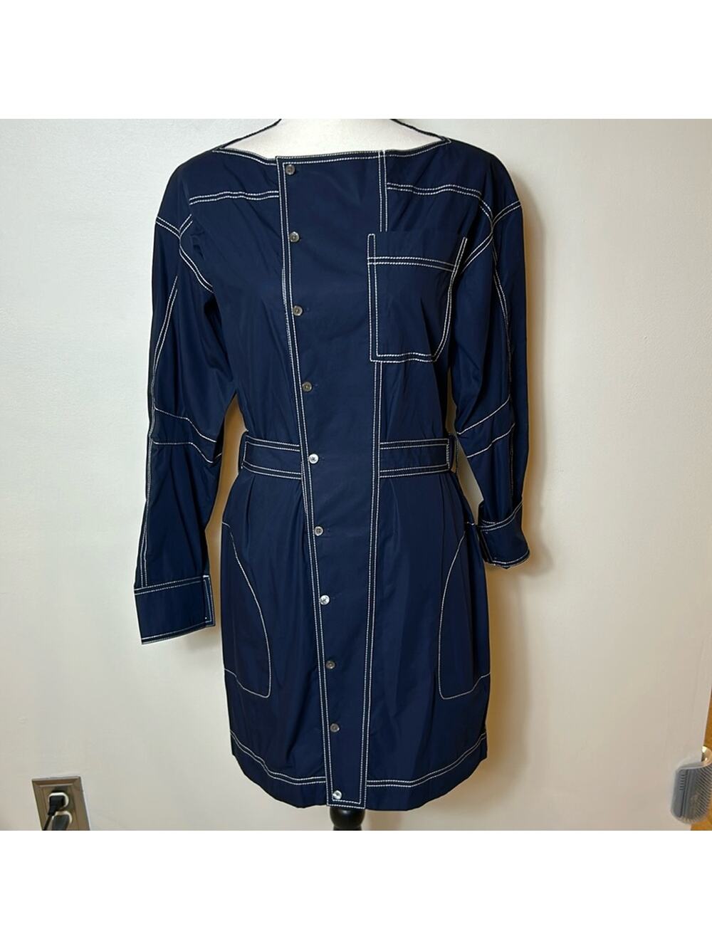 NWT Derek Lam 10 Crosby navy topstitched trench coat jacket dress